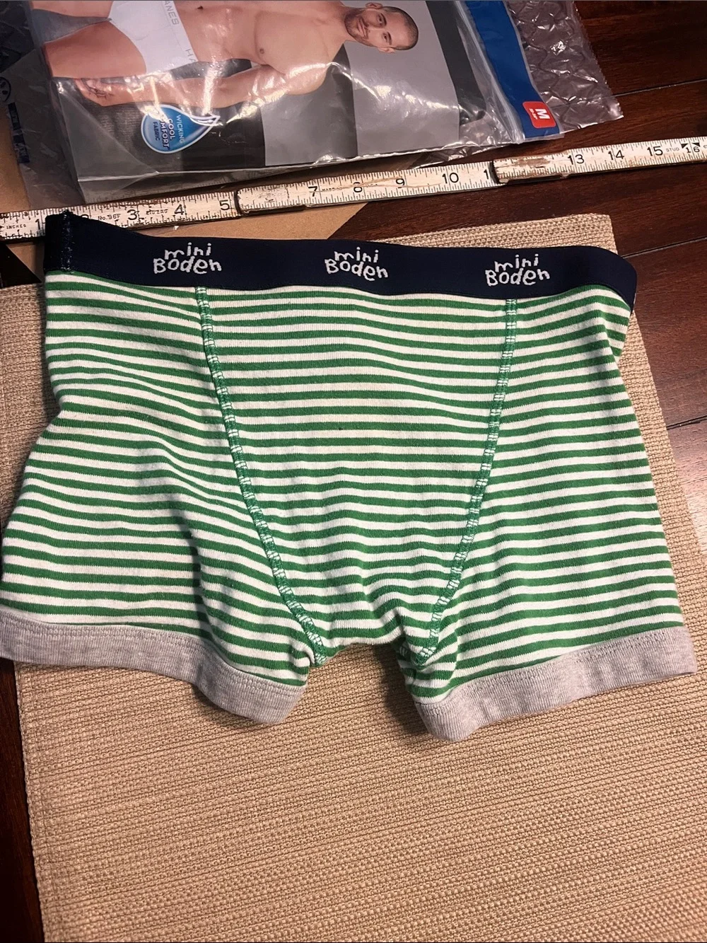 .19.  Mini Boden Navy Waistband Green & White Striped Boxer Briefs